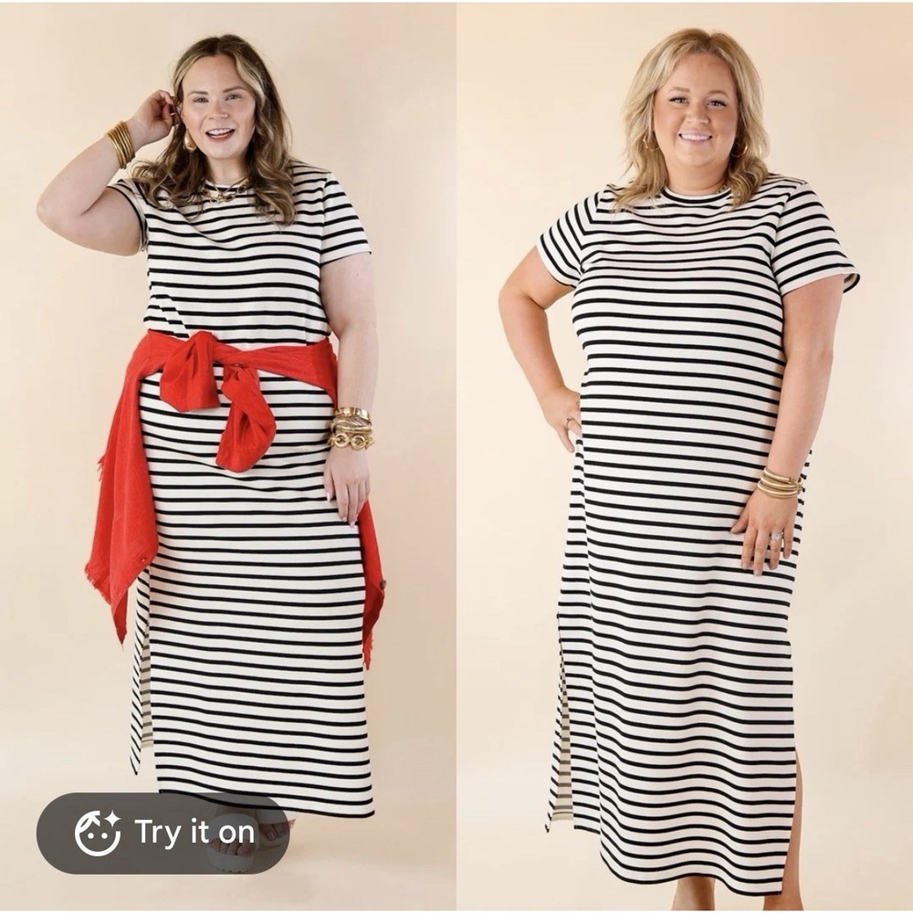 Spanx Air Essentials Maxi T-Shirt Dress Size 1X Black And White Stripes